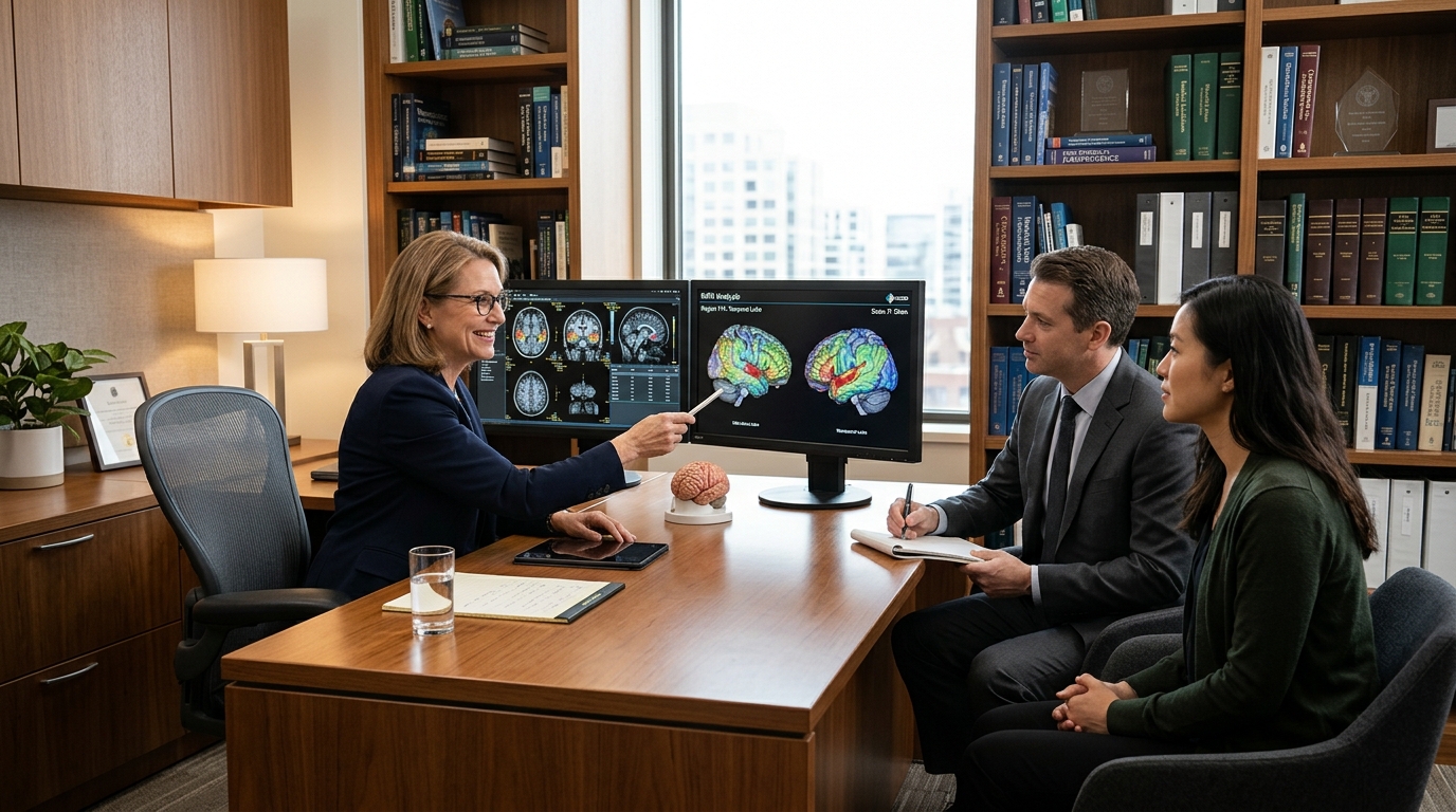 Expert neuroscience consultation reviewing brain scans