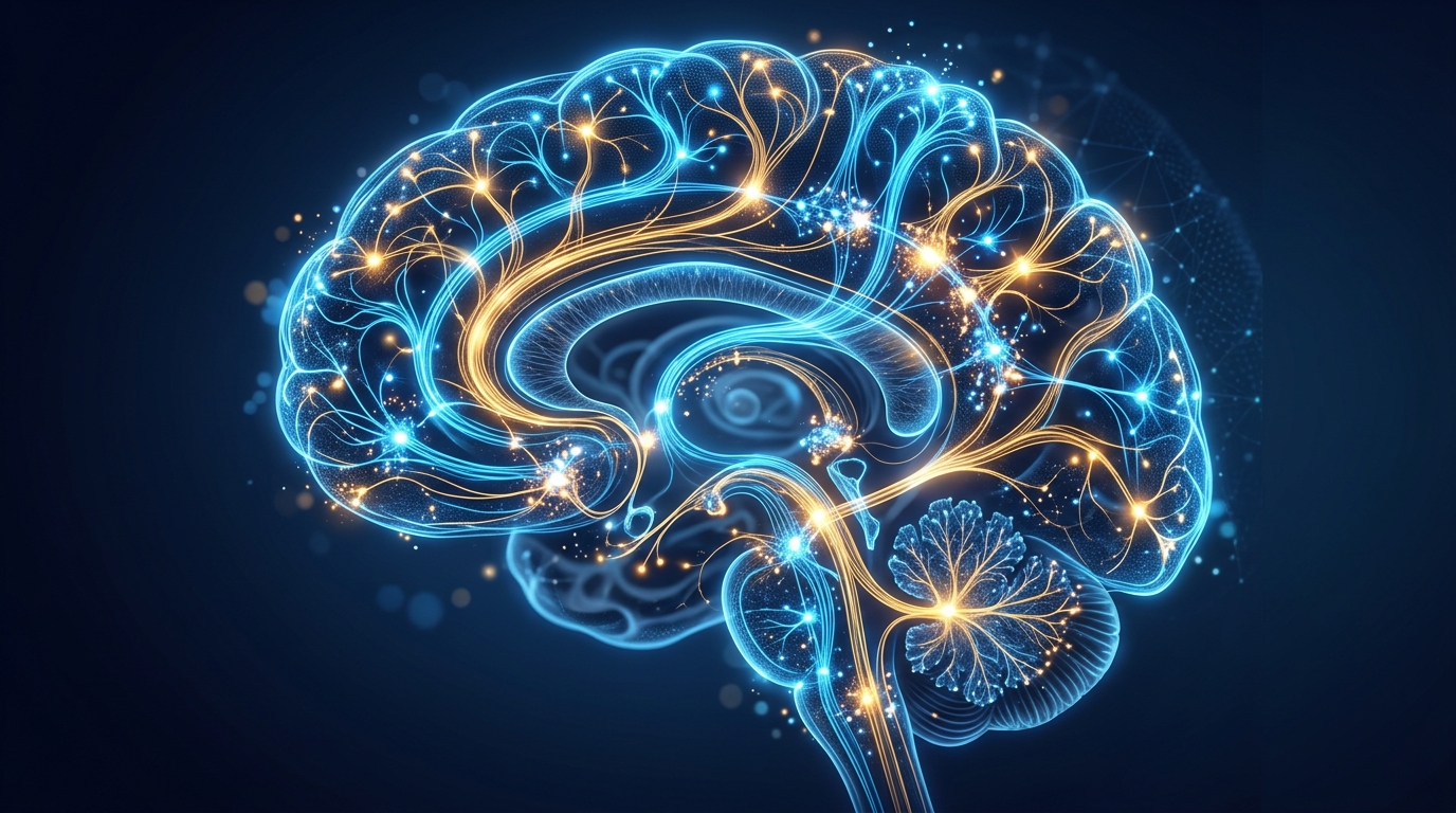 Neural pathways and cortical brain imaging illustration