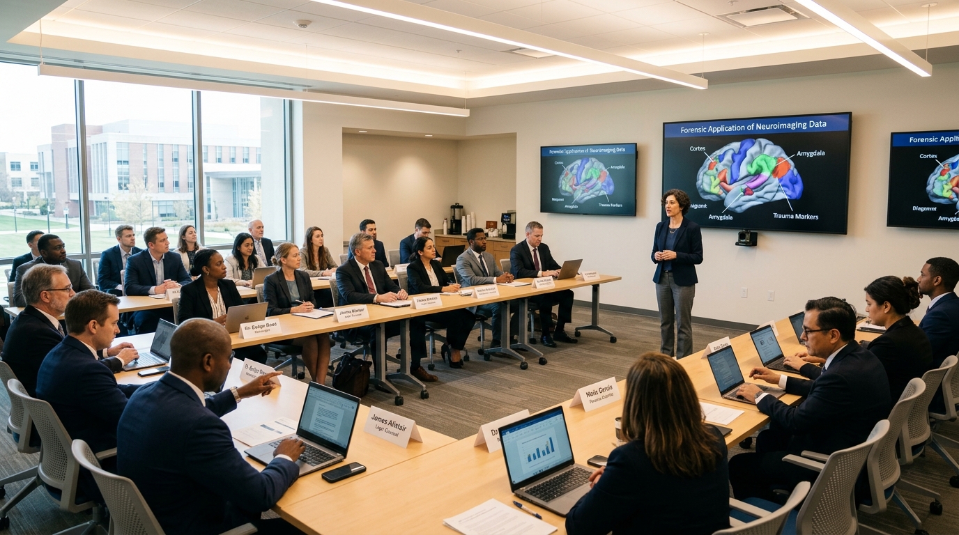 Forensic neuroscience training seminar room with neuroimaging displays